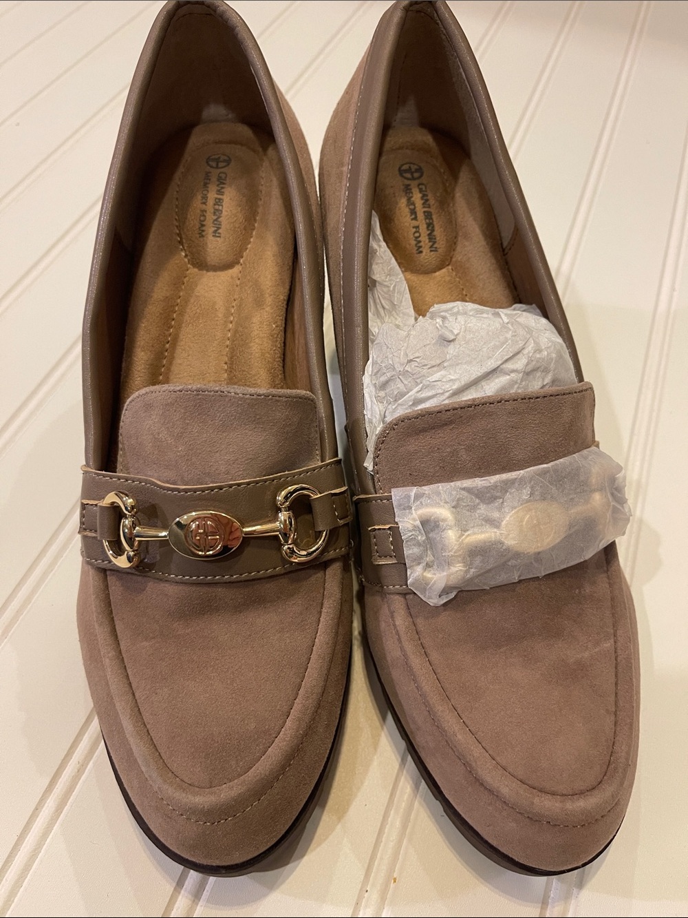 Giani Bernini Taupe Suede Women’s Loafers with Gold Bit